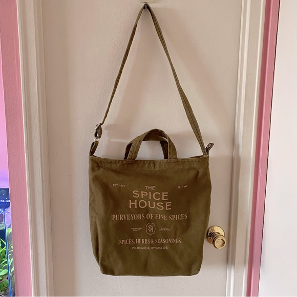 BAGGU Handbags - Baggu Spice House Print Olive Green/Brown Canvas Duck Tote Bag